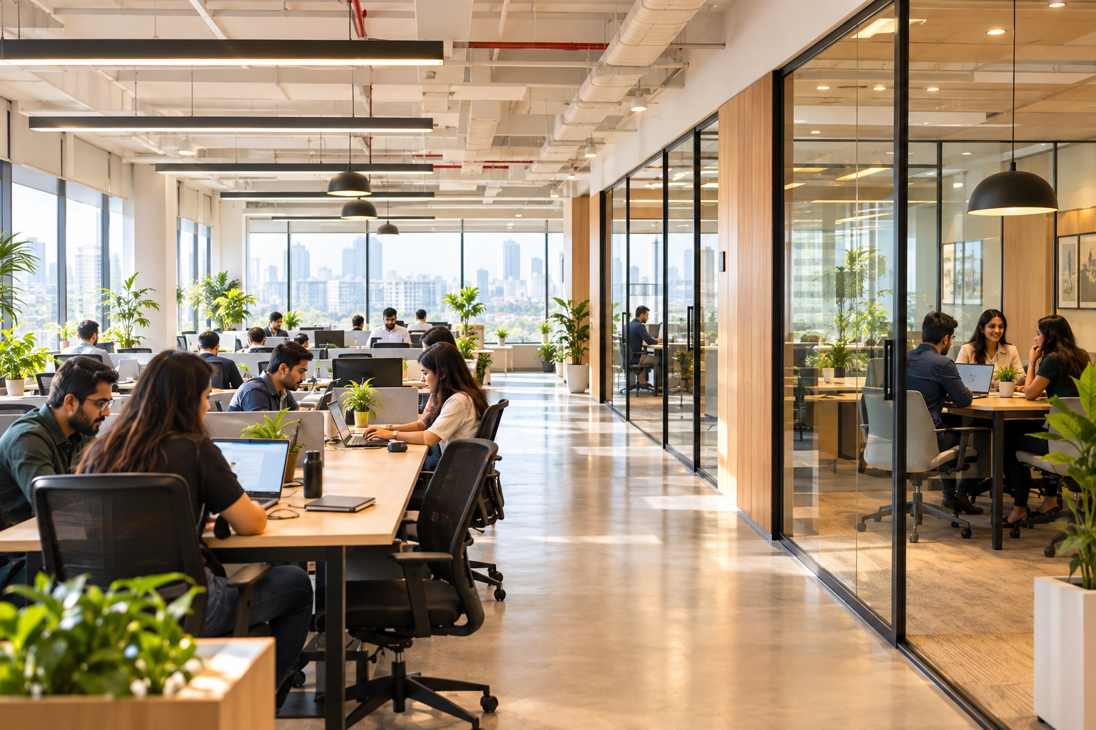 Flexible office with open coworking desks and private glass cabins