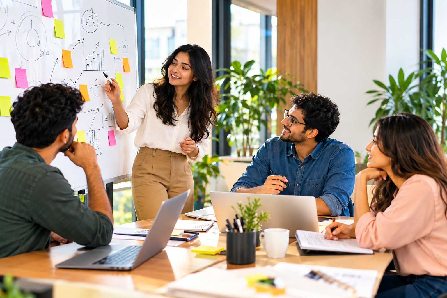 Team brainstorming around a whiteboard with sticky notes in an office meeting area
